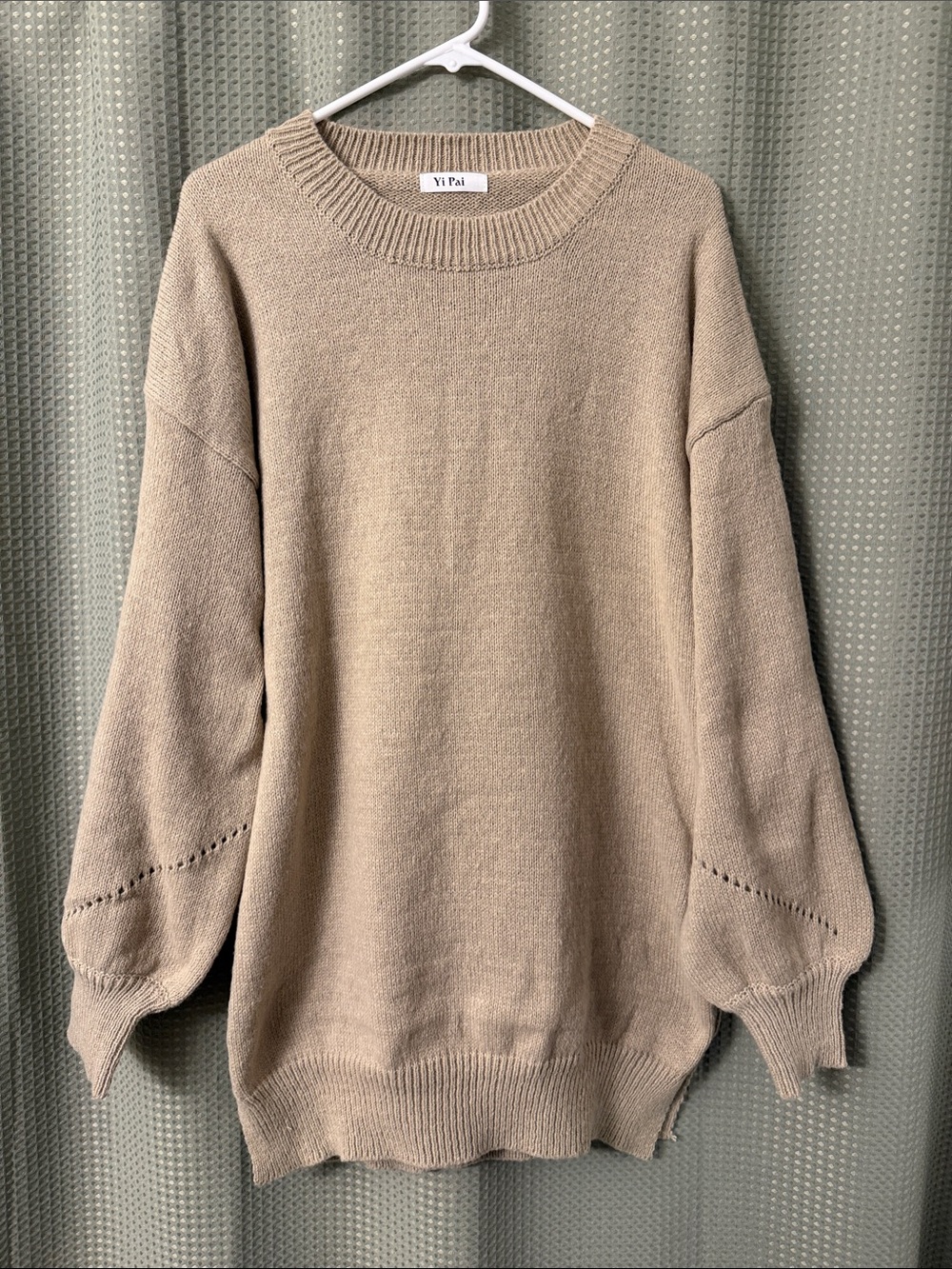 Taupe Crewneck Sweater with Balloon Sleeves